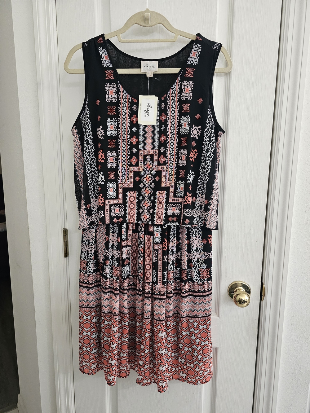 Beige By ECI Printed Sleeveless Black and Coral Midi Dress